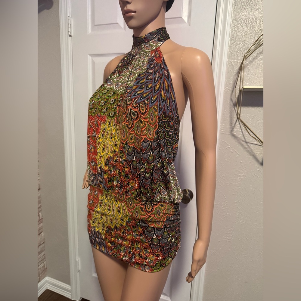 Joseph Ribkoff Halter Top Geometric Print Sequined Tie Neck Tank Top Size 6